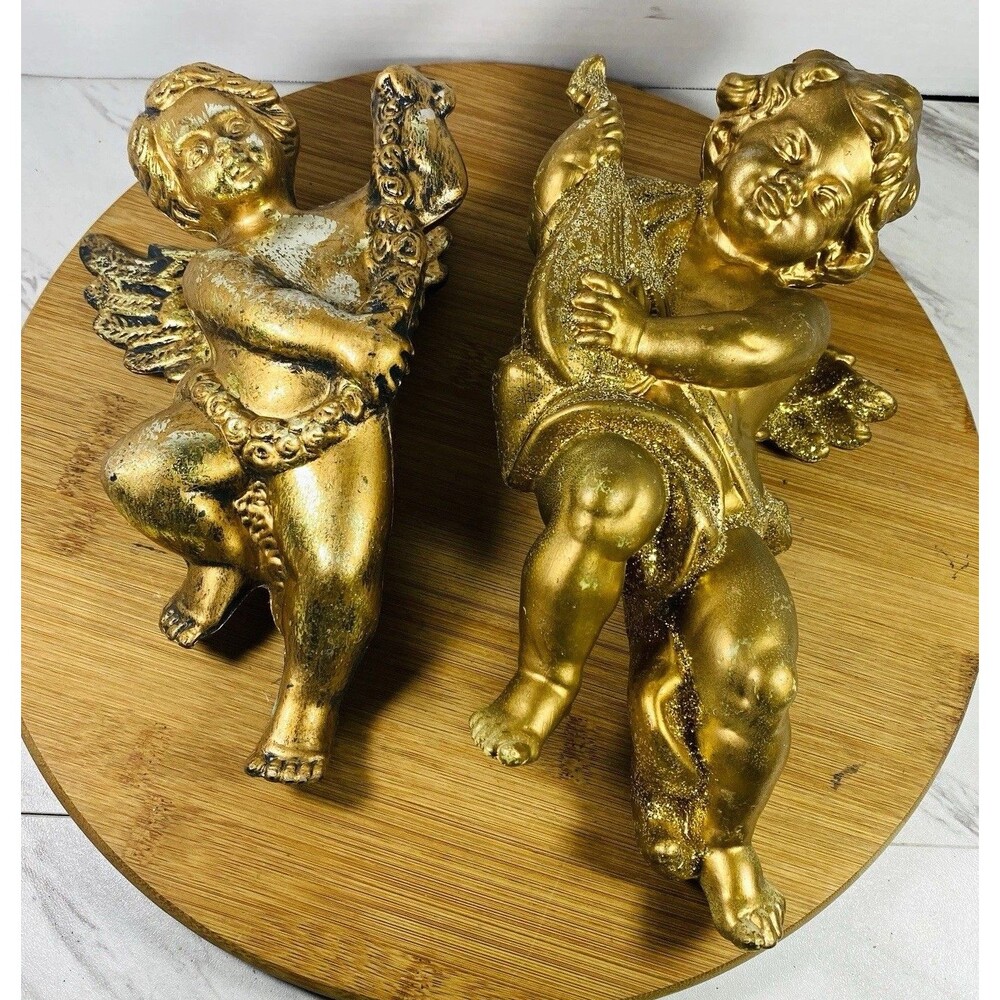Gold Painted Resin Cherub Angel Figurines Set Of 2 3D Effect Wall Hanging